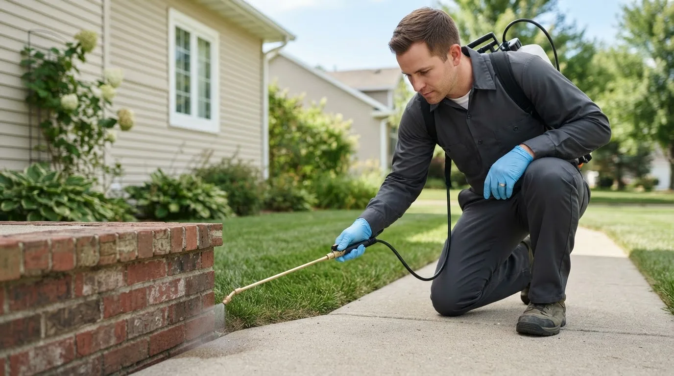 Pest control technician treating a home near Stamford, NE