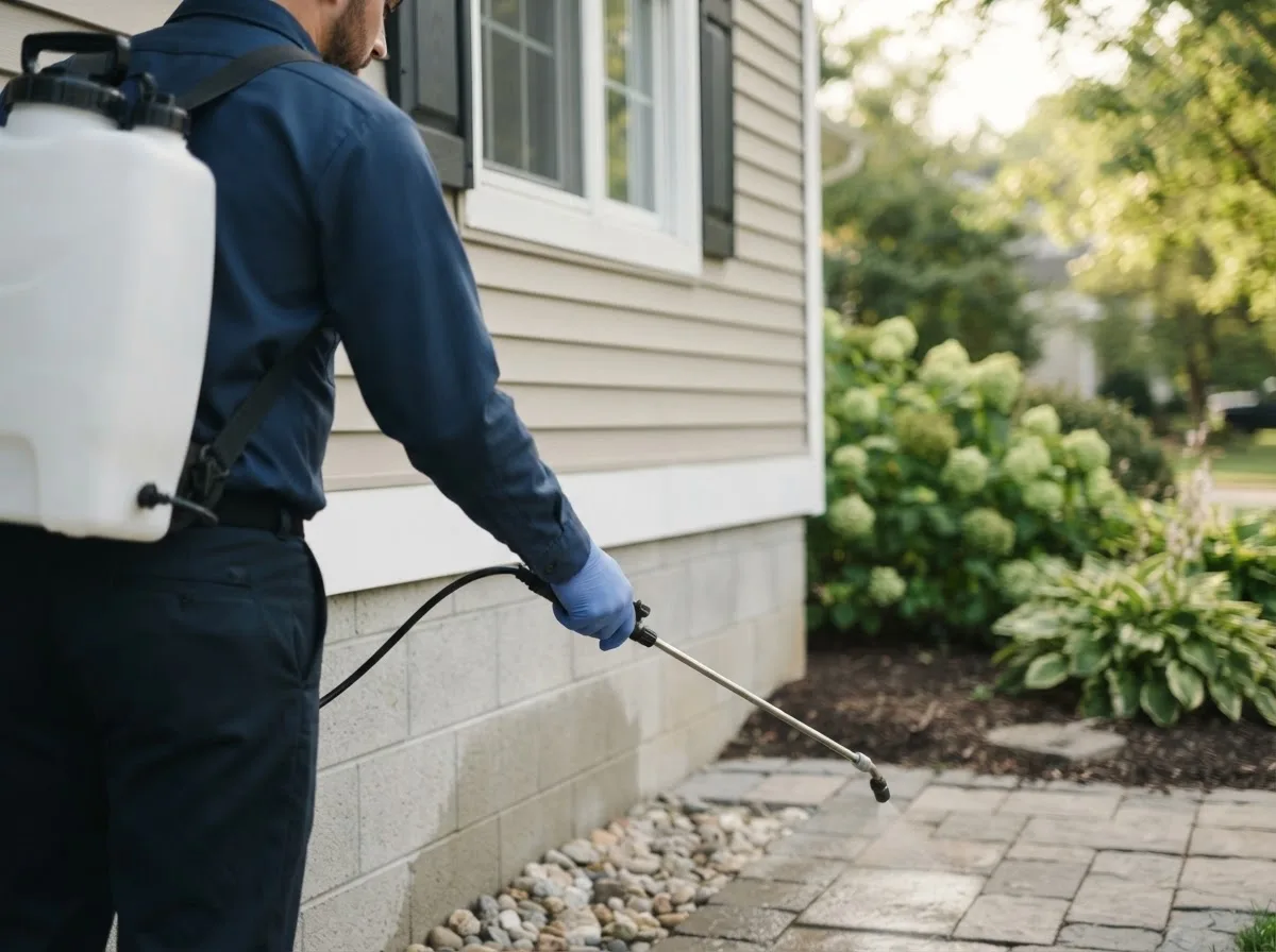 Pest control technician inspecting a home in Stamford, NE